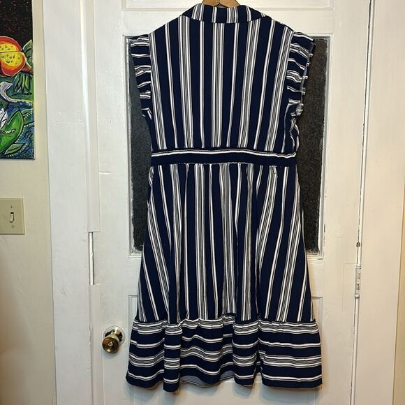 Bloomchic Women’s Navy Blue and White Striped Collared Ruffled Mini Dress 14/16 - Picture 6 of 6